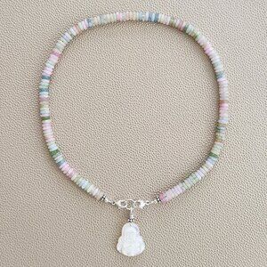 MINI PASTEL COLORED JADE NECKLACE W/ HAPPY BUDDHA--16"
